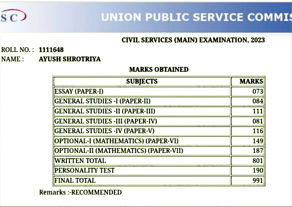 Marks Details IAS-2023 | IMS - Your Pathway to IAS Success